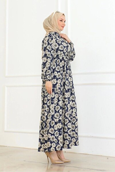 Neva Style Düğme Detaylı Çiçekli Viskon Elbise - Lacivert