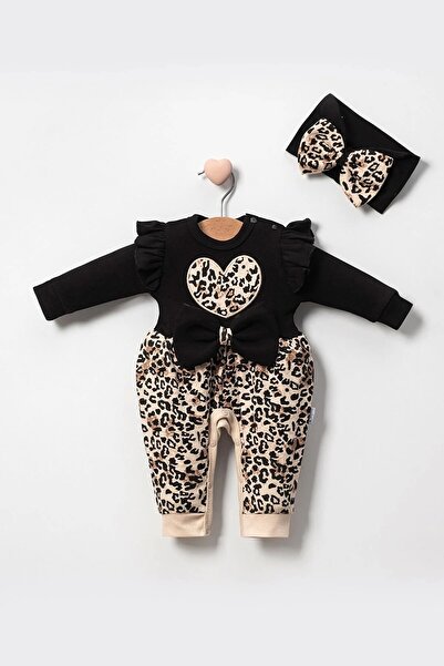 SümY Leopard Patterned 100% Cotton Baby Girl Jumpsuit with Bow