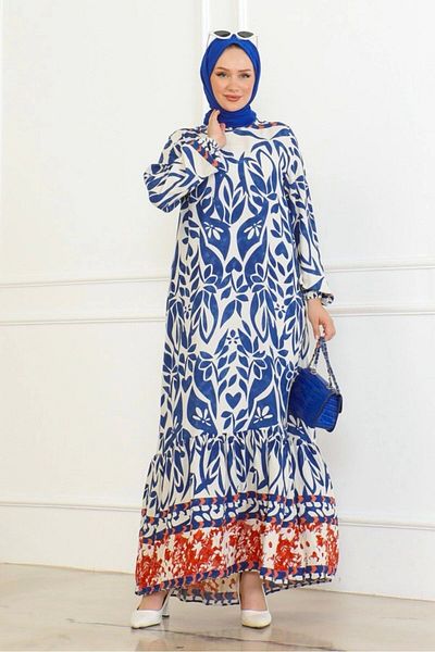 Neva Style Colorful Patterned Viscose Blue Dress