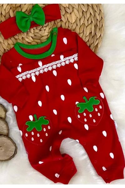 SümY Strawberry Embroidered 100% Cotton Baby Girl Jumpsuit