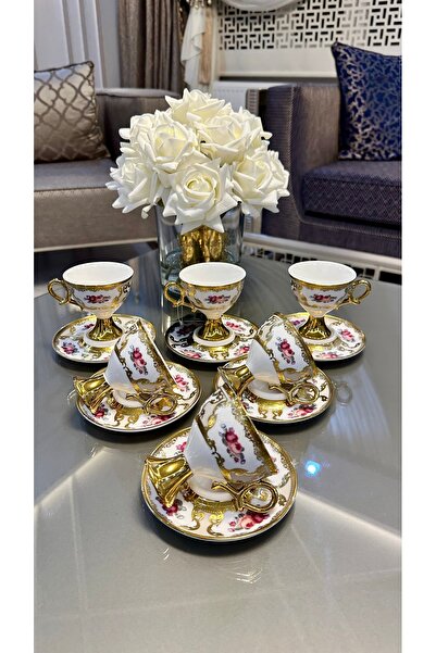 Vakıf home Acar Galina 6 Kişilik Güllü Ayaklı Porselen Kahve Fincan Takımı