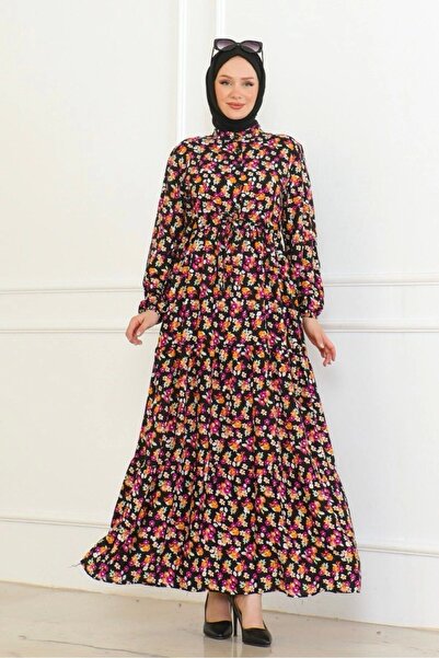 Neva Style Çiçek Desenli Bağlamalı Viskon Kumaş Elbise - Turuncu/Pembe çiçekler