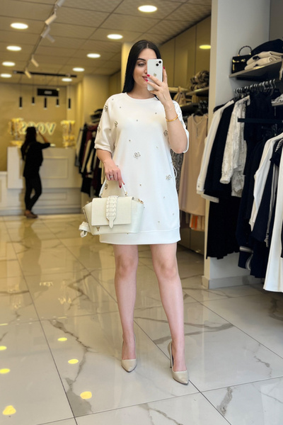 Vosse On Fashıon Ekru Taşlı,Büzgülü Elbise