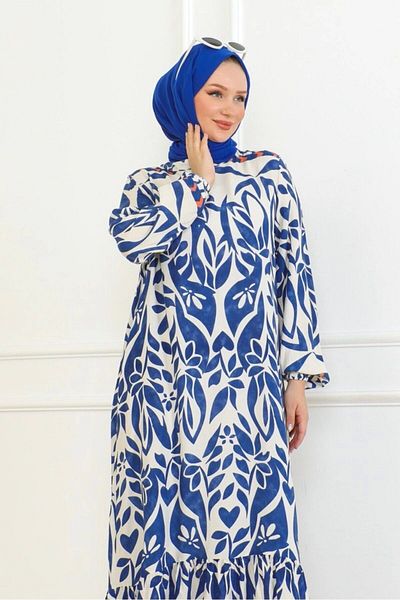 Neva Style Colorful Patterned Viscose Blue Dress