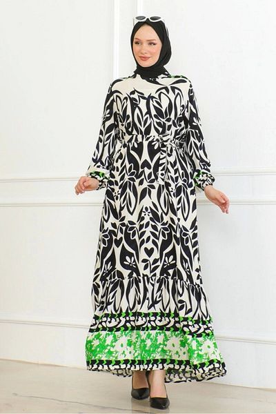 Neva Style Colorful Patterned Viscose Dress - Black/Green