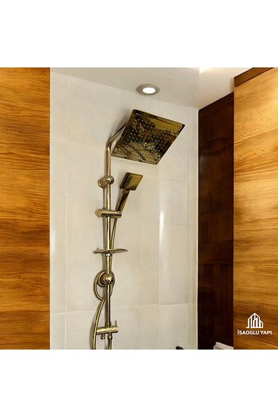 İSAOĞLU YAPI Gold Shower System Square Shower Head Brass Material Gold Sprinkler