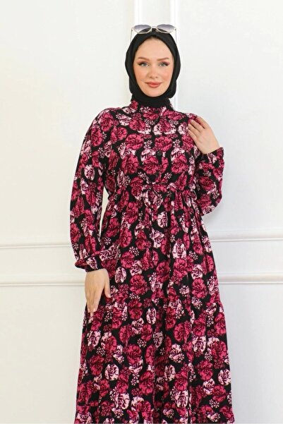 Neva Style Çiçek Desenli Bağlamalı Viskon Elbise - Gül Kurusu
