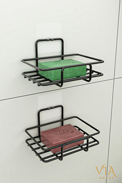 VİE HOUSE Siyah Yapışkanlı 2’Li Set Katı Sabunluk Banyo Mutfak Rafı Sabunluk