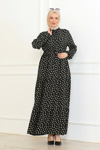 Neva Style Gül Desenli Viskon Elbise - Haki