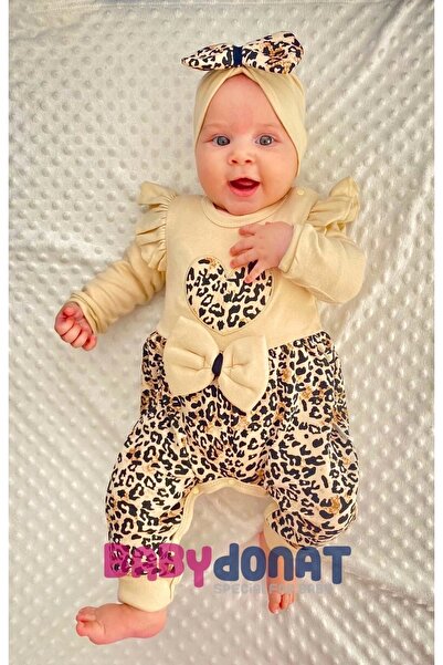 Beniizle Leopard Patterned 100% Cotton Baby Girl Jumpsuit with Bow
