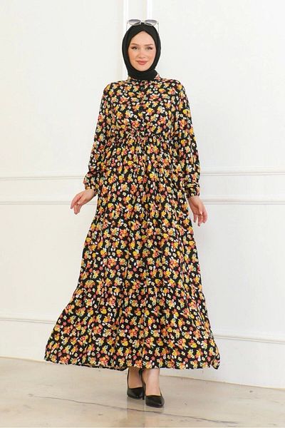 Neva Style Yellow Viscose Dress - Floral Pattern and Tie-Up