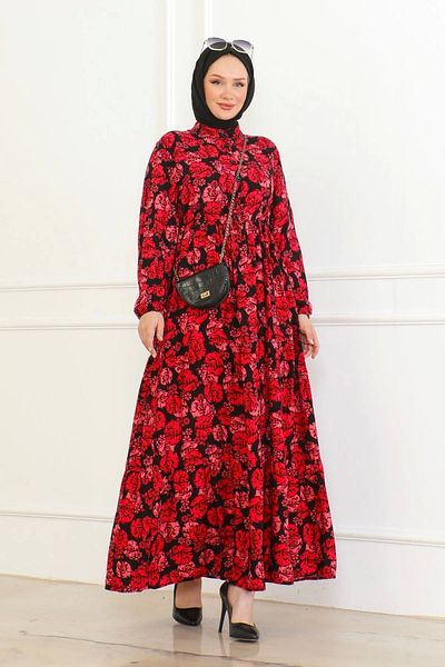 Neva Style Red Viscose Dress - Floral Pattern and Tie-Up