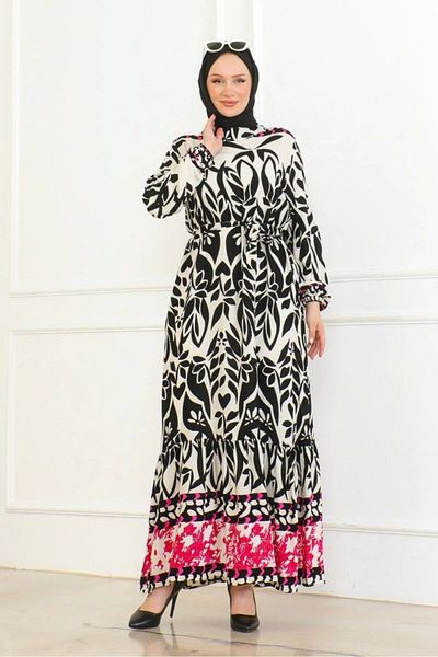 Neva Style Colorful Patterned Viscose Dress - Black/Pink