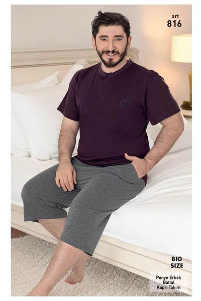 XORVİO Men's Crew Neck Oversize Bermuda Cotton Cotton Short Sleeve T-Shirt Capri Shorts Pajama Set, with Pocket