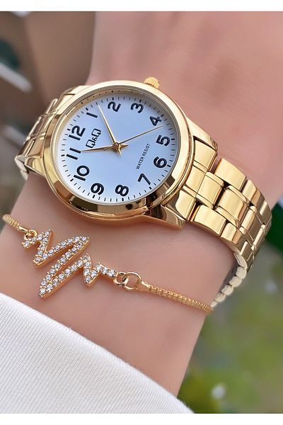 Q&Q Golden Yellow 2 Years Warranty Steel Cord Small Case Women Wrist Watch - Bracelet Gift