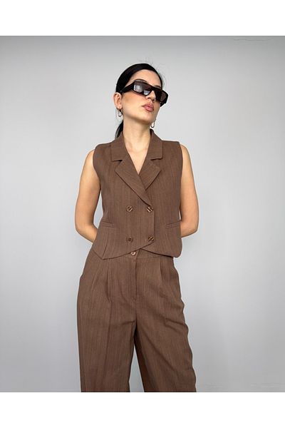 DEQ FASHION Coffee Color Pallazzo Trousers Vest Raw Linen Double Set