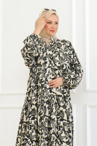 Neva Style Düğmeli Yaka Viskon Elbise - Siyah