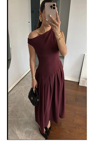 khar PINTEREST MODEL DESIGN ROCHIE LUNGĂ PLISĂ Roșu Claret