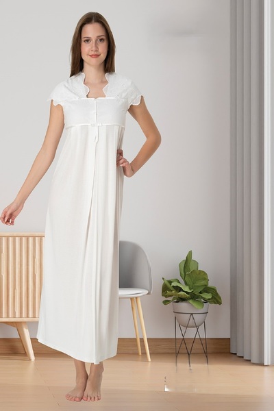 Puerpera Effortt Dantel Detaylı Ekru Hamile Lohusa Gecelik 5083