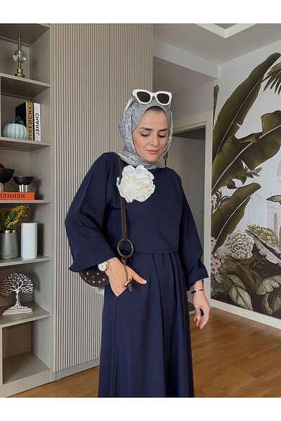 Aselim Hijap Moda Brooch Detailed Skirt Suit Navy Blue