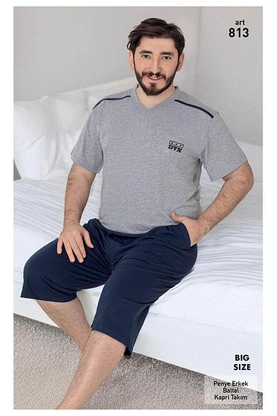 XORVİO Men's Oversize Bermuda Cotton Short Sleeve T-Shirt Capri Shorts Gray Pajama Suit, with Pocket