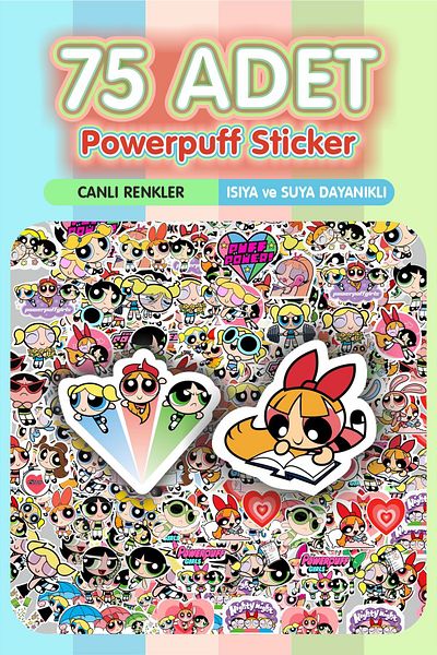 Piksel Grafik Powerpuff Girls Sticker Set - 75 Pieces, Pen, Laptop Notebook and Water Bottle