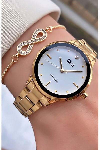 Q&Q Golden Yellow 2 Years Warranty Steel Cord Women's Wristwatch - Bracelet Gift