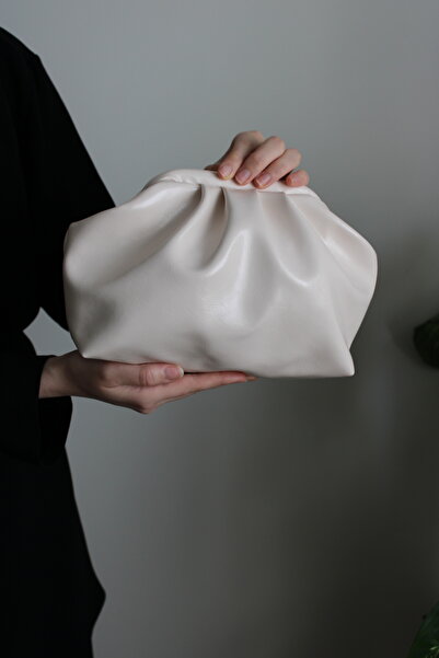 Mimoza Women's Beige Patent Leather Faux Leather Long Strap Clutch Daily and Evening Dress Bag