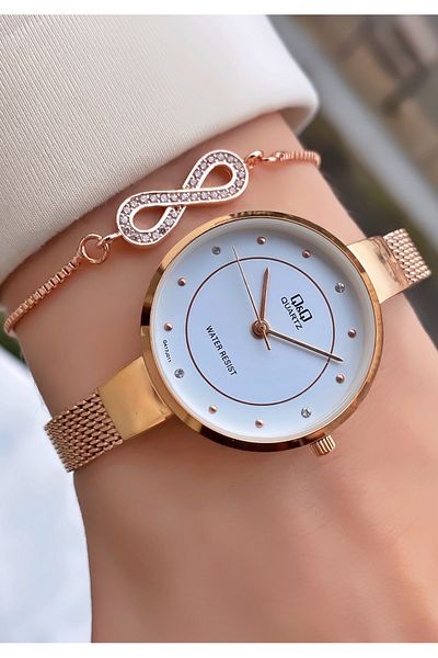 Q&Q Rose Gold Color Waterproof Thin Straw Cord Women's Wristwatch - Bracelet Gift
