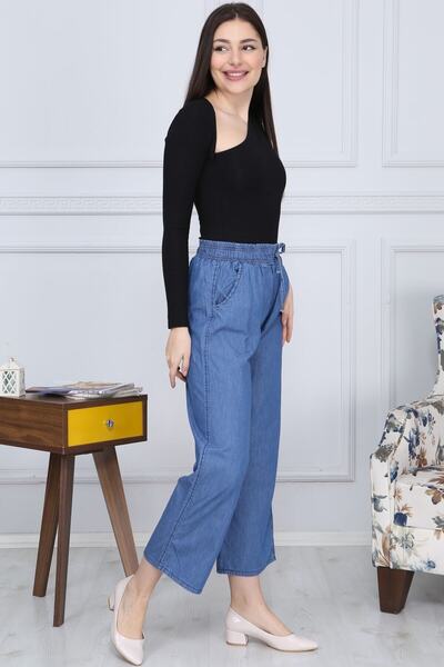 Gül Moda Plus Size Women's Blue Wide Leg Tensel Jeans with Elasticized Waist G016