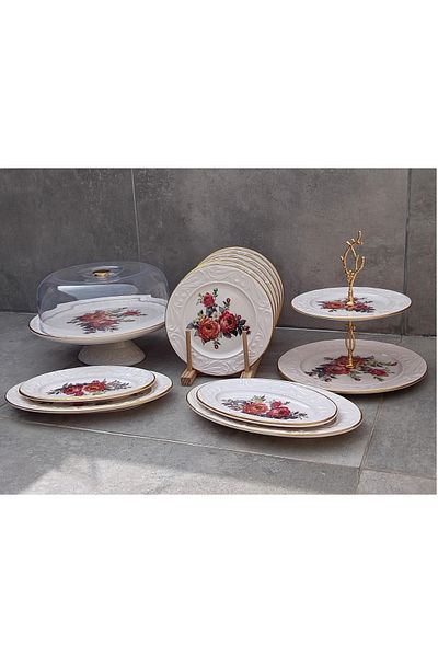 Pinkev 14 Piece Ceramic Cake Presentation Plate Set