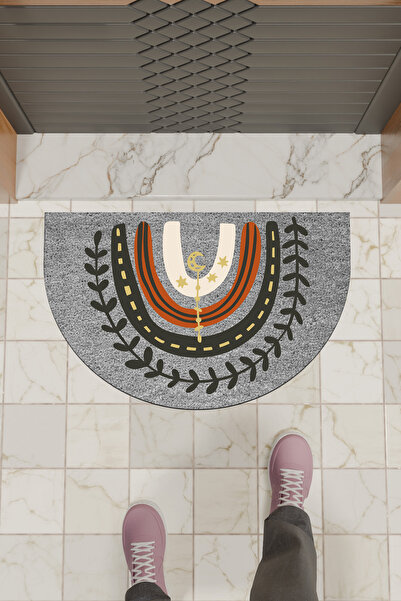 Rugmood Modern Dijital Paspas Gri Püsküllü Gökkuşağı Kapı Önü Paspası
