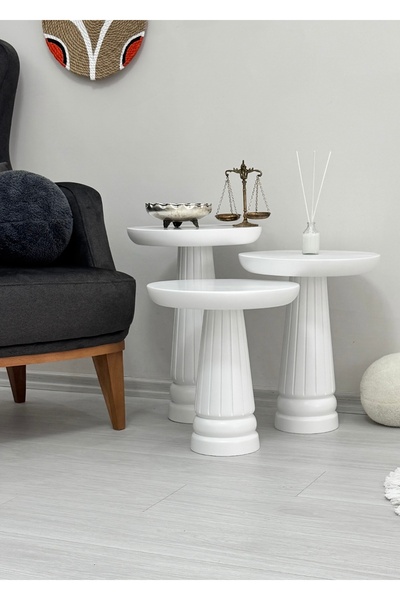 ASELYA HOME Ahşap 3’lü Set Mantar Yan Sehpa Modern Beyaz Renk Fiskos Zigon Çi...