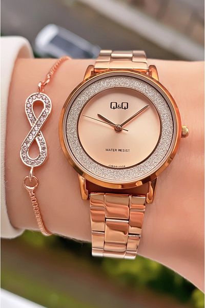 Q&Q Rose Gold Color Waterproof Women's Wristwatch - With Bracelet Gift