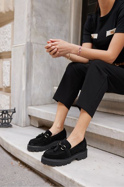 ANGELİNA JONES Gray Women's Black Real Suede Tassel Eva Sole Loafer Shoes