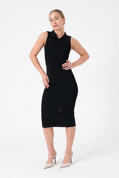 Merry Rise Rochie neagră de vară din tricotaj cu decolteu polo