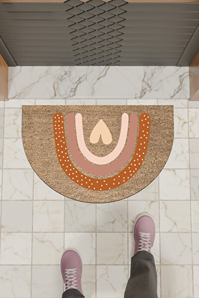 Rugmood Modern Dijital Paspas Kahverengi Kalp Gökkuşağı Kapı Önü Paspası