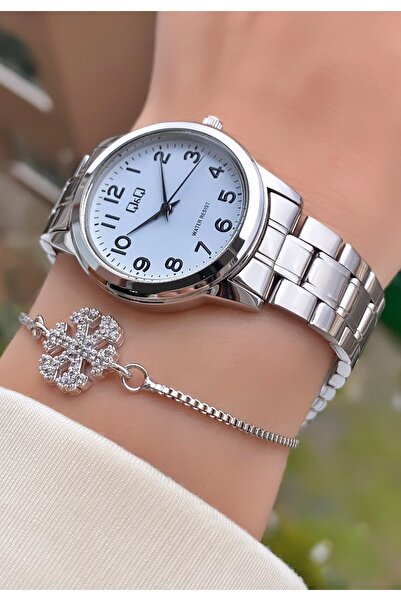 Q&Q Gümüş Renk Su Geçirmez 2 Yıl Garantili Kadın Kol Saati - Bileklik Hediyeli