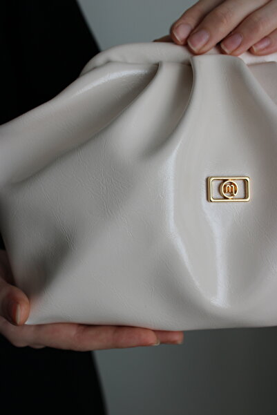 Mimoza Women's Beige Patent Leather Faux Leather Long Strap Clutch Daily and Evening Dress Bag