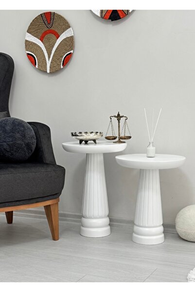 ASELYA HOME Ahşap 2’li Set Mantar Yan Sehpa Modern Beyaz Renk Fiskos Zigon Çi...