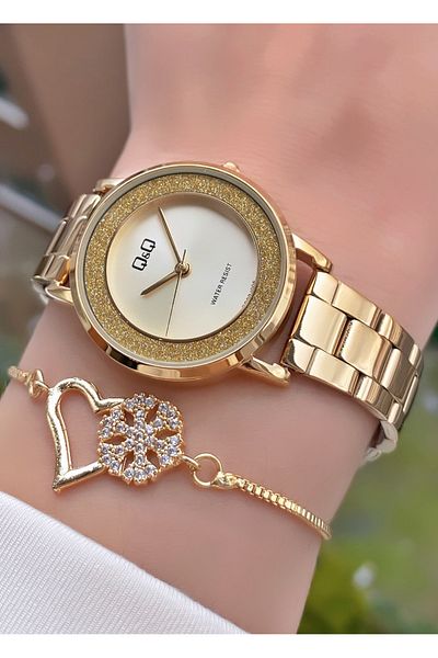 Q&Q Gold Yellow Steel Cord Small Case Women's Wristwatch - Bracelet