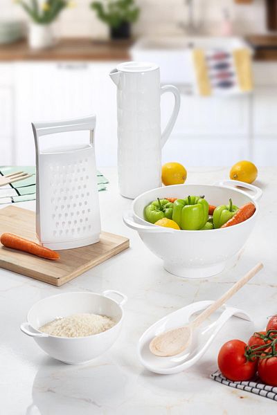 Depa 5 Piece Acrylic White Jug and Mini Strainer Set - Spoon Holder and Kitchen Dowry
