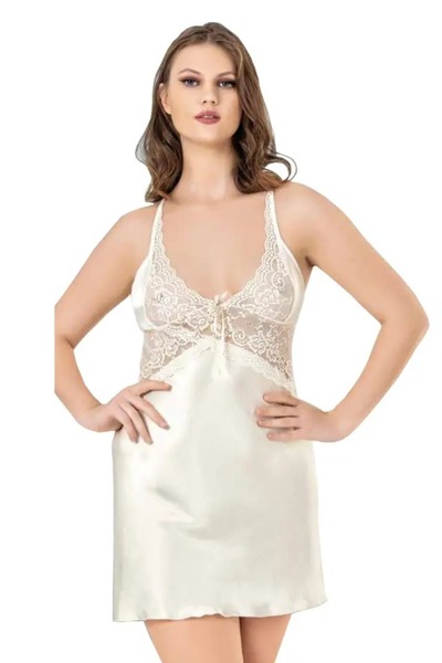 Viselya Çiçek Dantelli Büyük Beden Krem Saten Gecelik