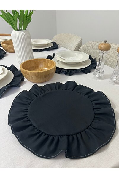 Mirilliahome 6'lı Lacivert Fırfırlı Yuvarlak Pamuk Keten Amerikan Servis Ve Supla - Keten Supla