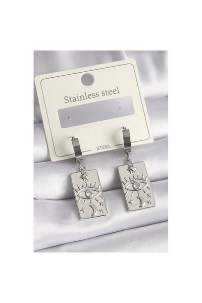 Skygo 316L Steel Silver Color Zircon Stone Eye Embroidery Detailed Plate Model Women's Earrings - Tj-Bkp9699