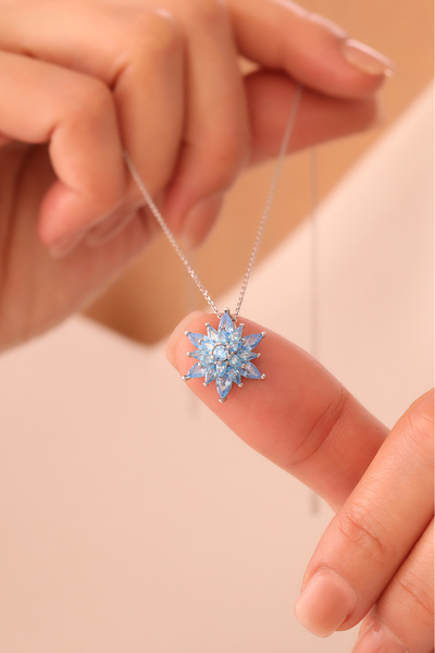 VAOOV 925 Ayar Gümüş Mavi Taşlı Lotus Çiçeği Kolye