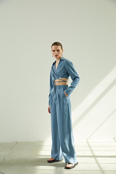 MARKAPIA WOMAN Pleated Wide Leg Blue Trousers