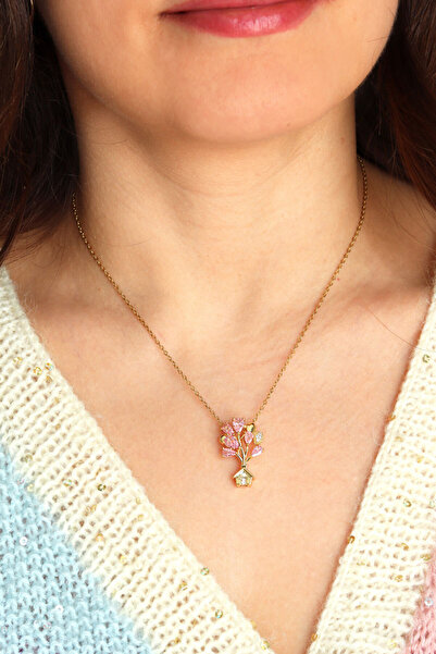 DHARMONYCO Pembe Taşlı Gold Çelik Up Kolye