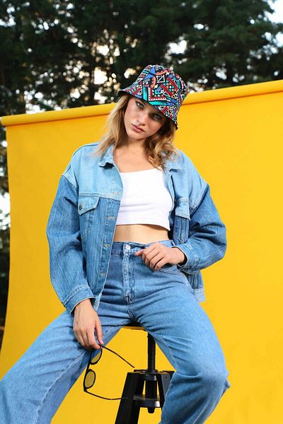 Bluewhite Jachetă de jeans oversize color block pentru femei, albastră