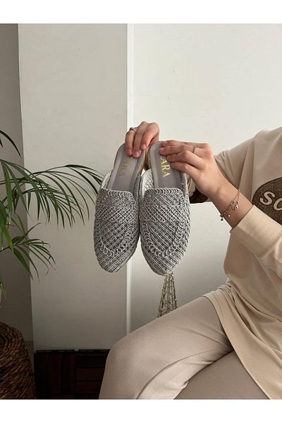 Behtah Kundura Women's Closed Front Straw Slippers Lace Knitted Dowry Daily Slippers